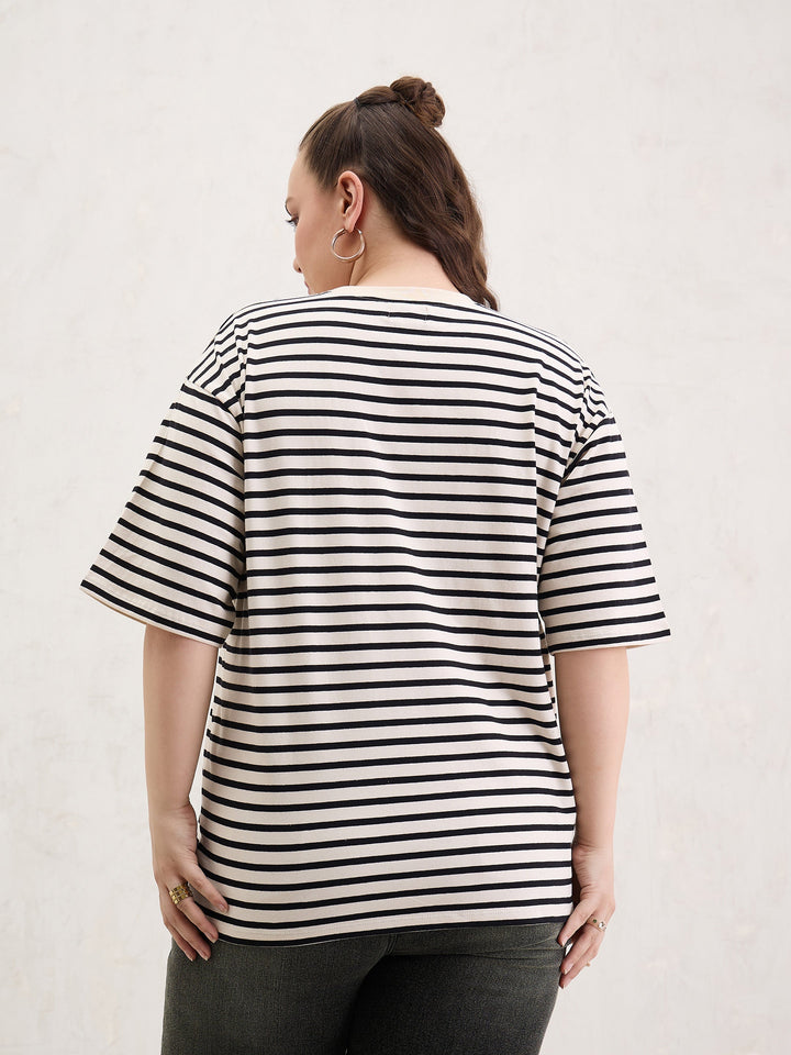 Black &amp; Off White Stripe Round Neck T-Shirt-SASSAFRAS Curve