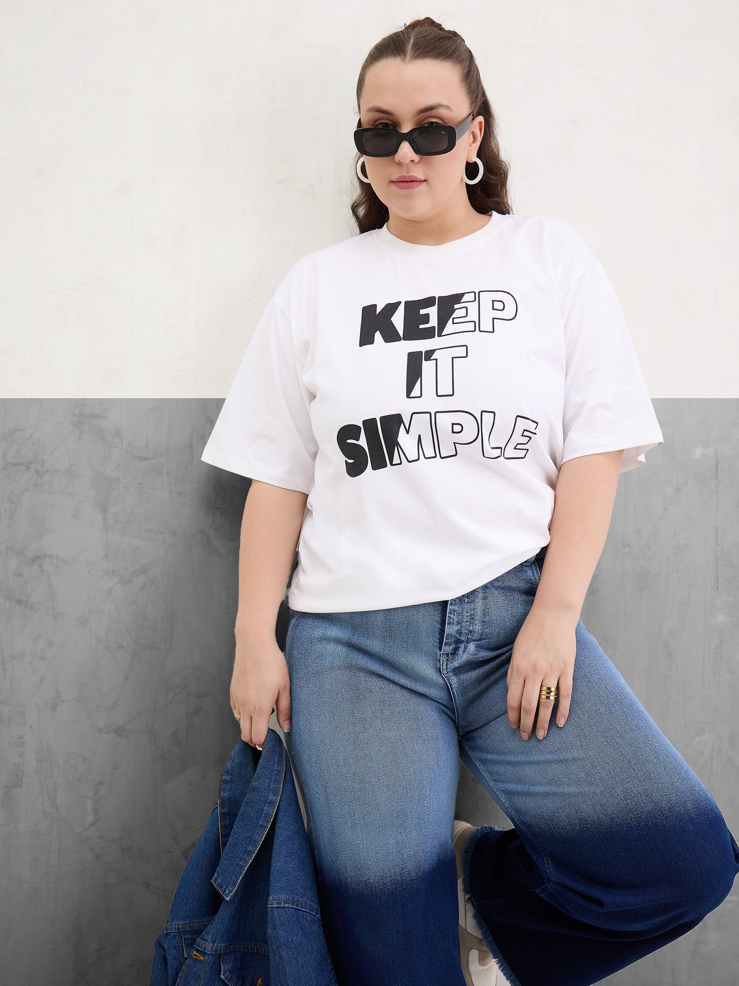 Plus size women's White 100% Cotton White Graphic Keep It Simple Print T-Shirt by Sassafras Curve for wholesale buyers, boutiques, resellers and bulk