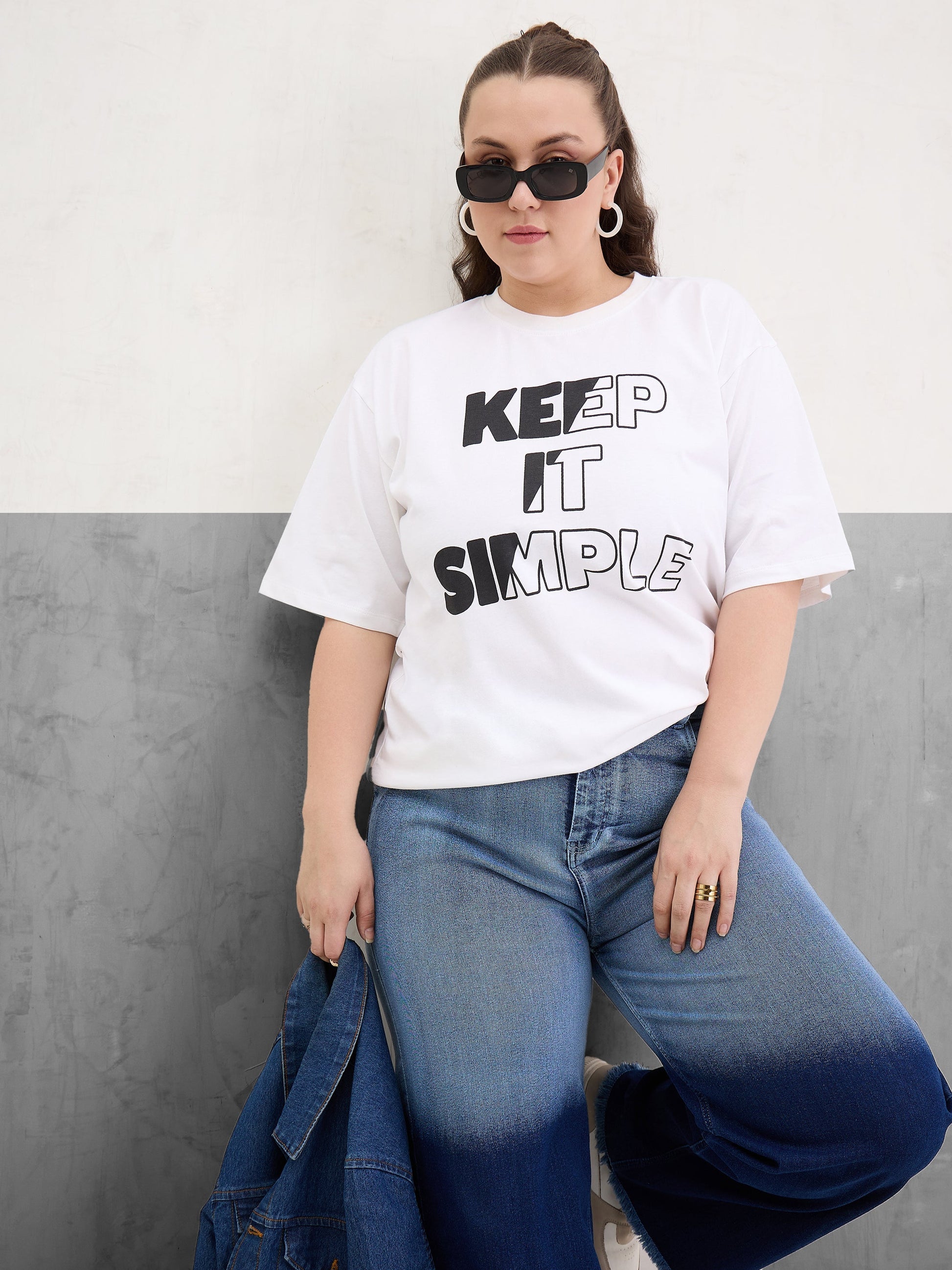 Plus size women's White 100% Cotton White Graphic Keep It Simple Print T-Shirt by Sassafras Curve for wholesale buyers, boutiques, resellers and bulk