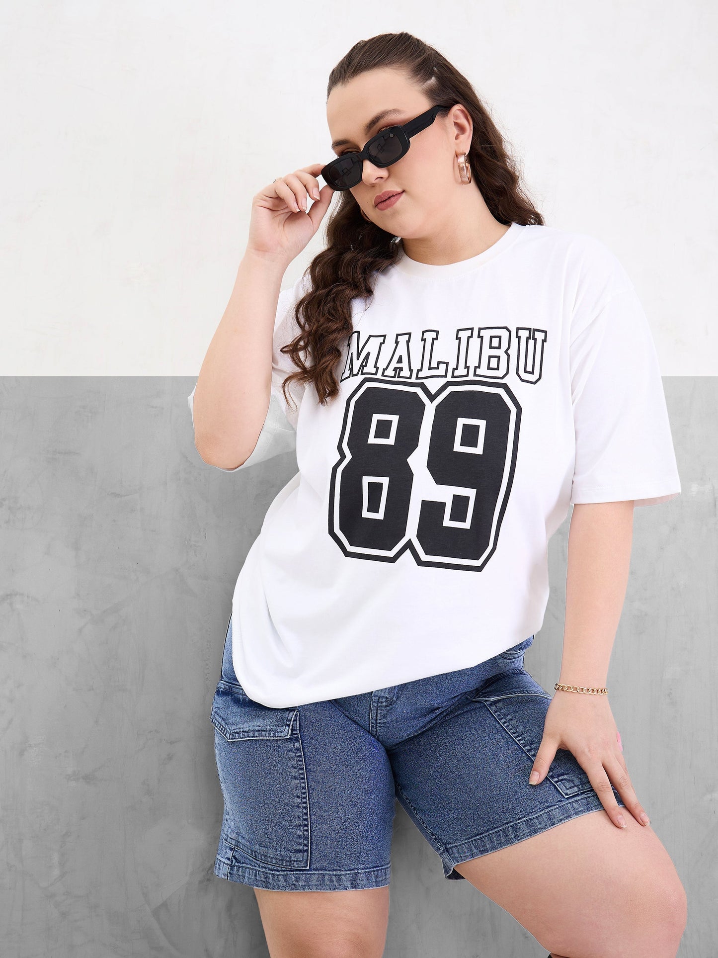 Plus size women's White 100% Cotton White Graphic Milebu 89 Print T-Shirt by Sassafras Curve for wholesale buyers, boutiques, resellers and bulk