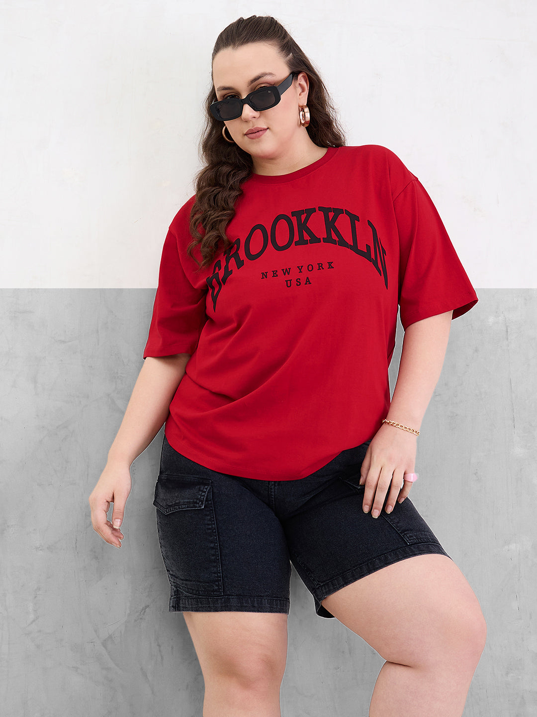 Plus size women's Red 100% Cotton Red Graphic Brooklyn Print T-Shirt by Sassafras Curve for wholesale buyers, boutiques, resellers and bulk orders