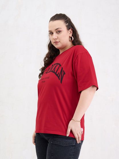 Red Graphic BROOKLYN Print T-Shirt-SASSAFRAS Curve