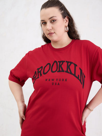 Red Graphic BROOKLYN Print T-Shirt-SASSAFRAS Curve