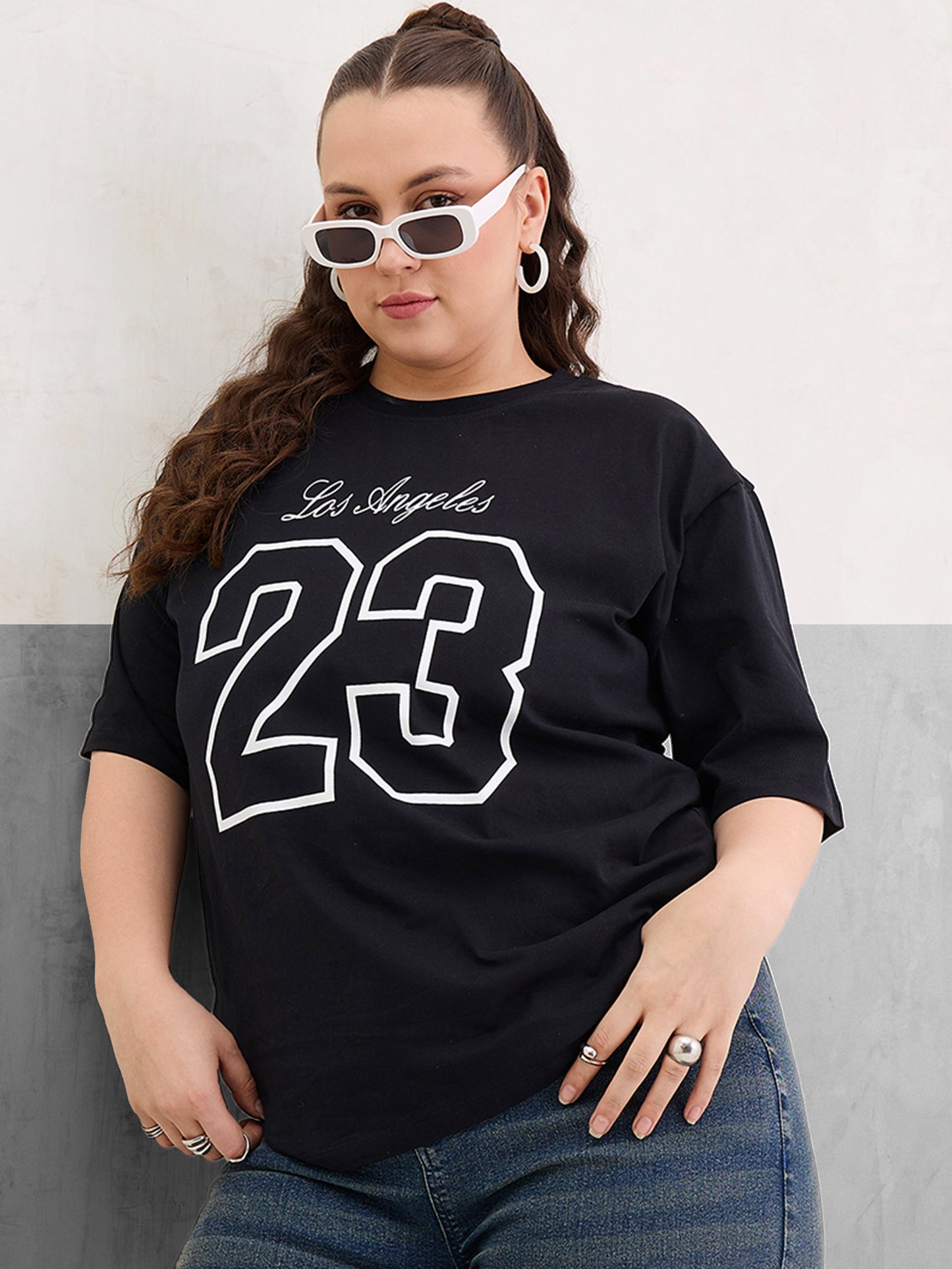 Plus size women's Black 100% Cotton Black Graphic Los Angeles 23 Print T-Shirt by Sassafras Curve for wholesale buyers, boutiques, resellers and bulk