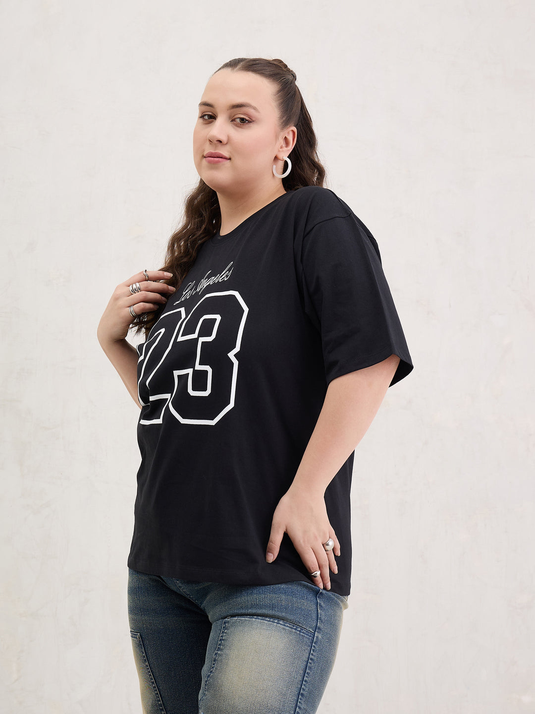 Black Graphic LOS ANGELES 23 Print T-Shirt-SASSAFRAS Curve