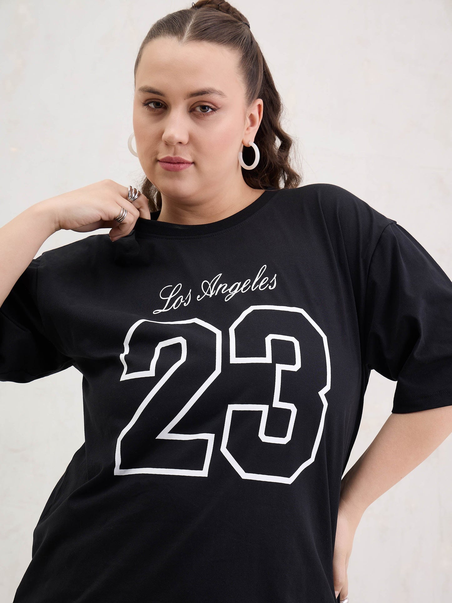 Black Graphic LOS ANGELES 23 Print T-Shirt-SASSAFRAS Curve