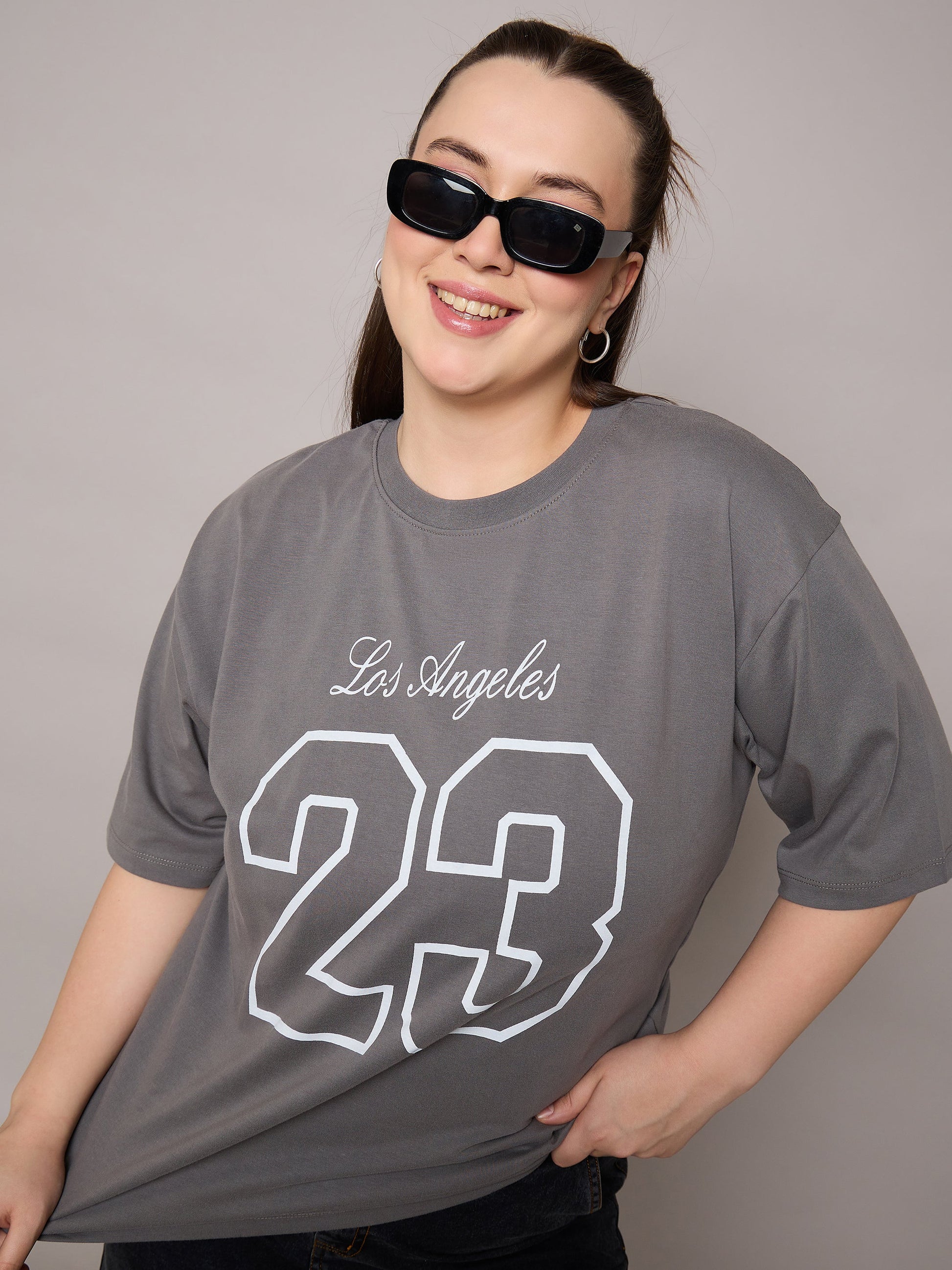 Plus size women's Grey 100% Cotton Grey Graphic Los Angeles 23 Print T-Shirt by Sassafras Curve for wholesale buyers, boutiques, resellers and bulk