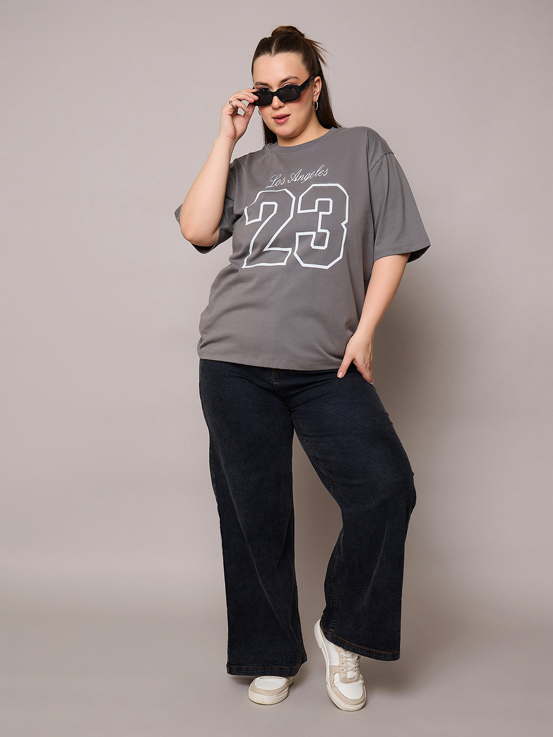 Grey Graphic LOS ANGELES 23 Print T-Shirt-SASSAFRAS Curve