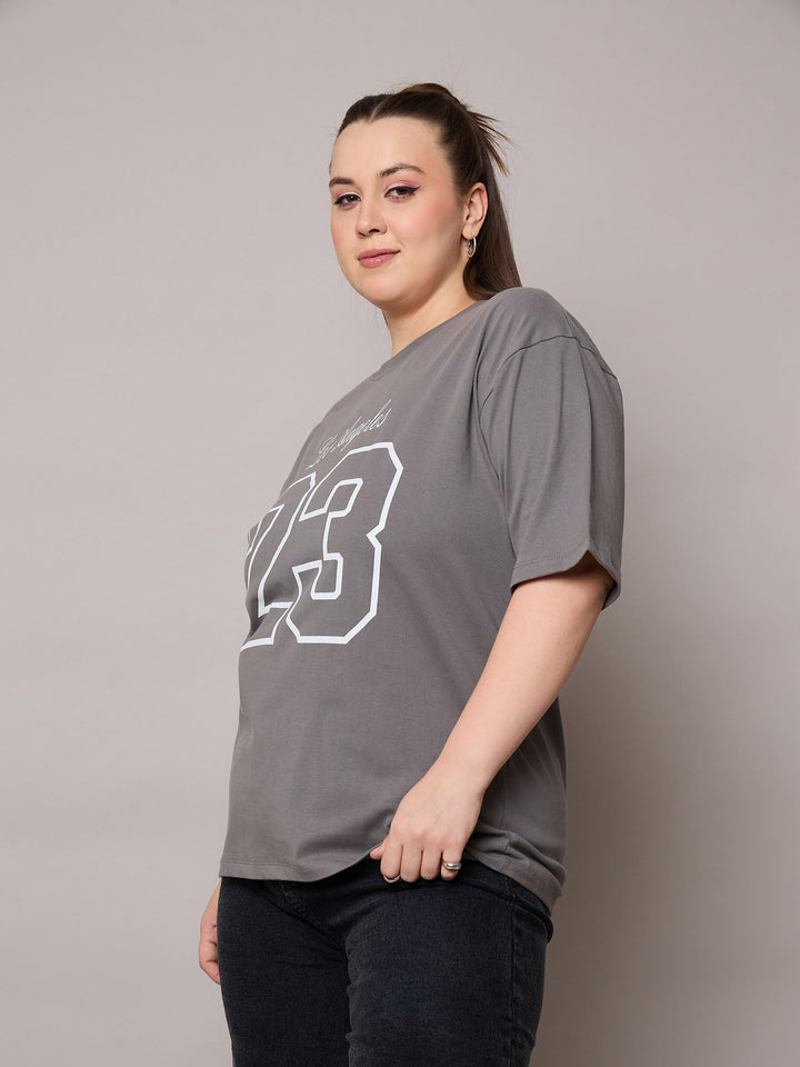 Grey Graphic LOS ANGELES 23 Print T-Shirt-SASSAFRAS Curve