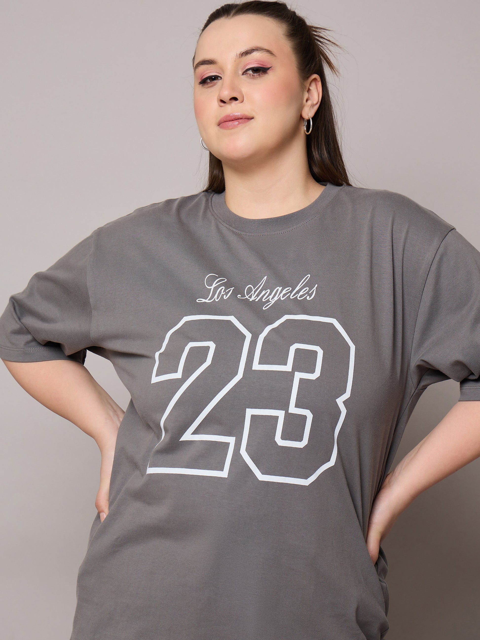 Grey Graphic LOS ANGELES 23 Print T-Shirt-SASSAFRAS Curve