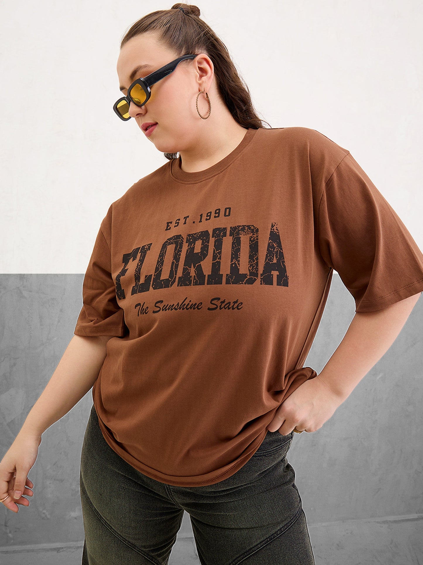 Plus size women's Brown 100% Cotton Brown Graphic Florida Print T-Shirt by Sassafras Curve for wholesale buyers, boutiques, resellers and bulk orders