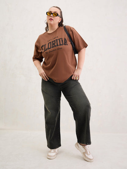 Brown Graphic FLORIDA Print T-Shirt-SASSAFRAS Curve