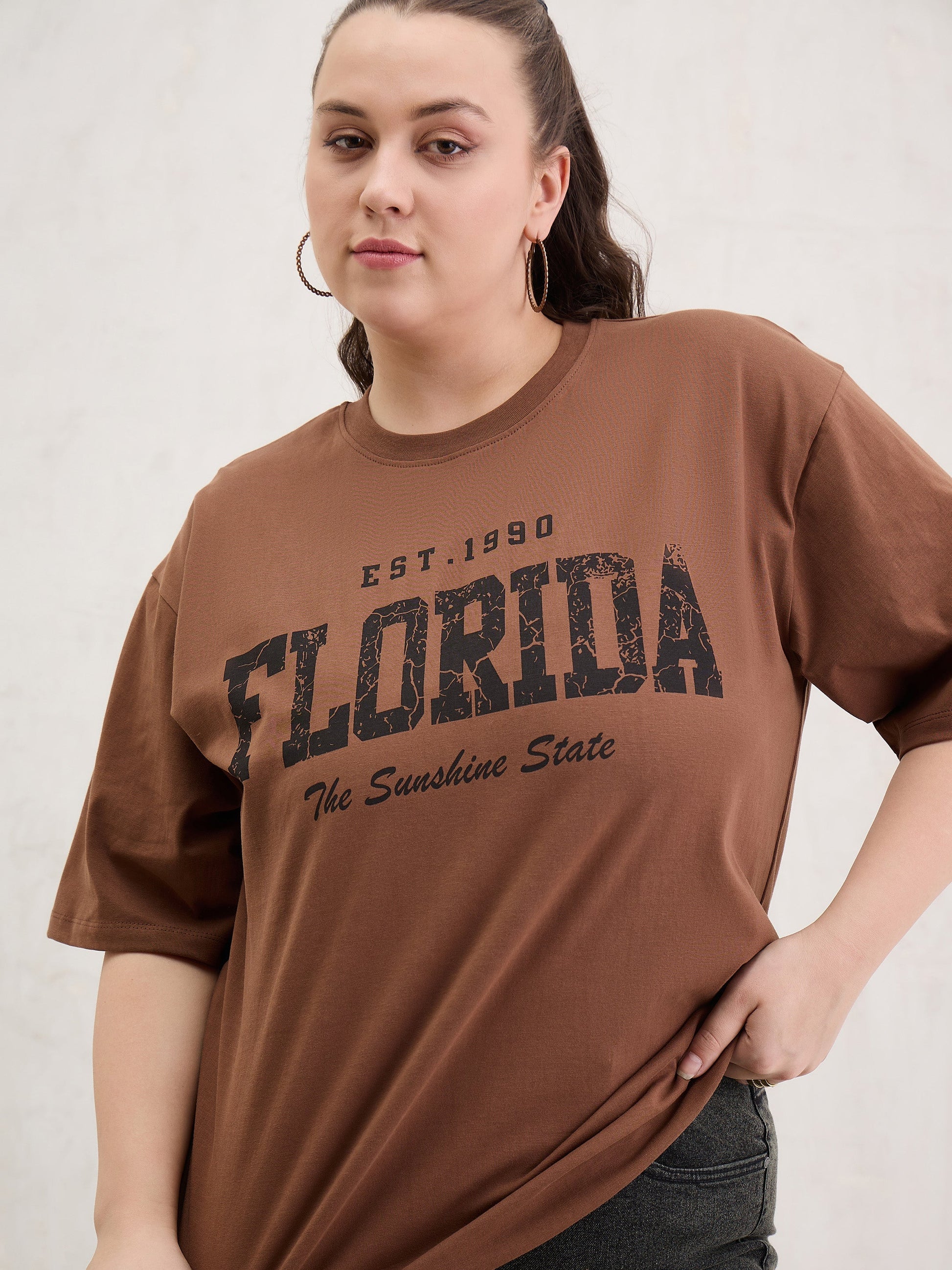 Brown Graphic FLORIDA Print T-Shirt-SASSAFRAS Curve