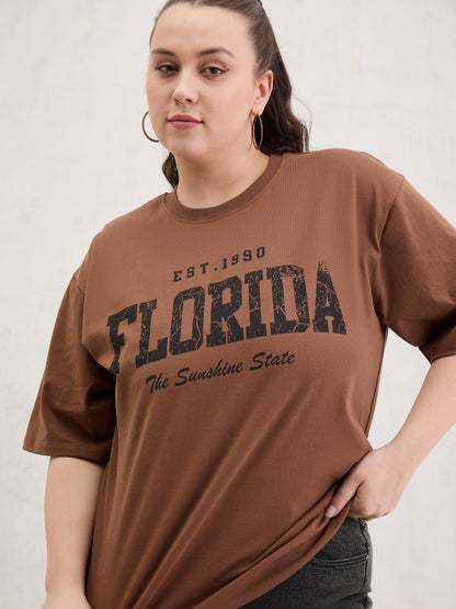 Brown Graphic FLORIDA Print T-Shirt-SASSAFRAS Curve
