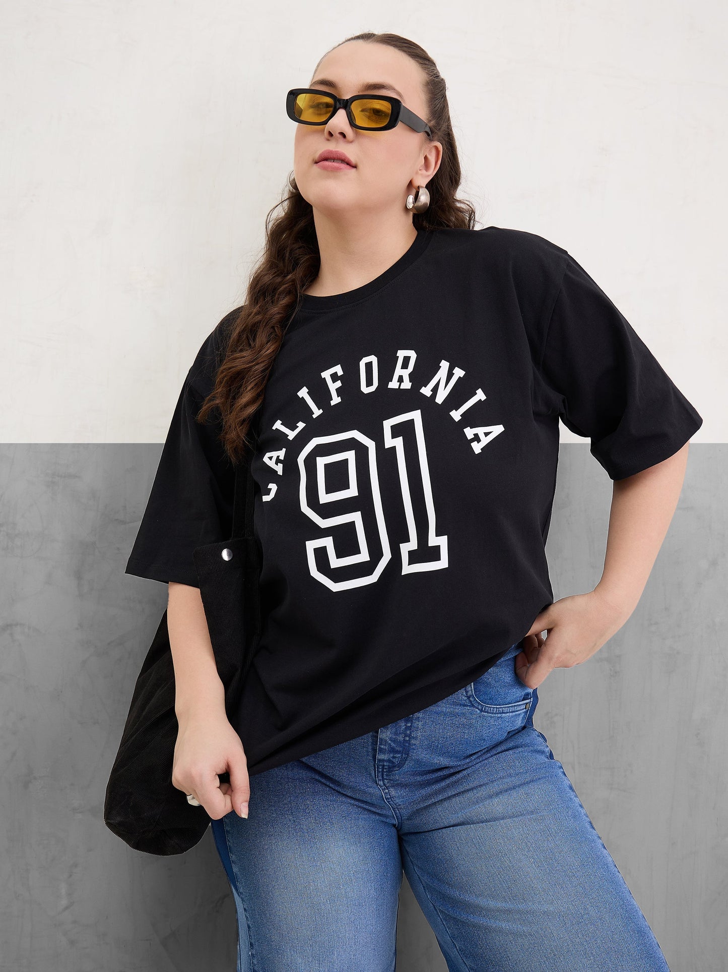 Plus size women's Black 100% Cotton Black Graphic California Print T-Shirt by Sassafras Curve for wholesale buyers, boutiques, resellers and bulk