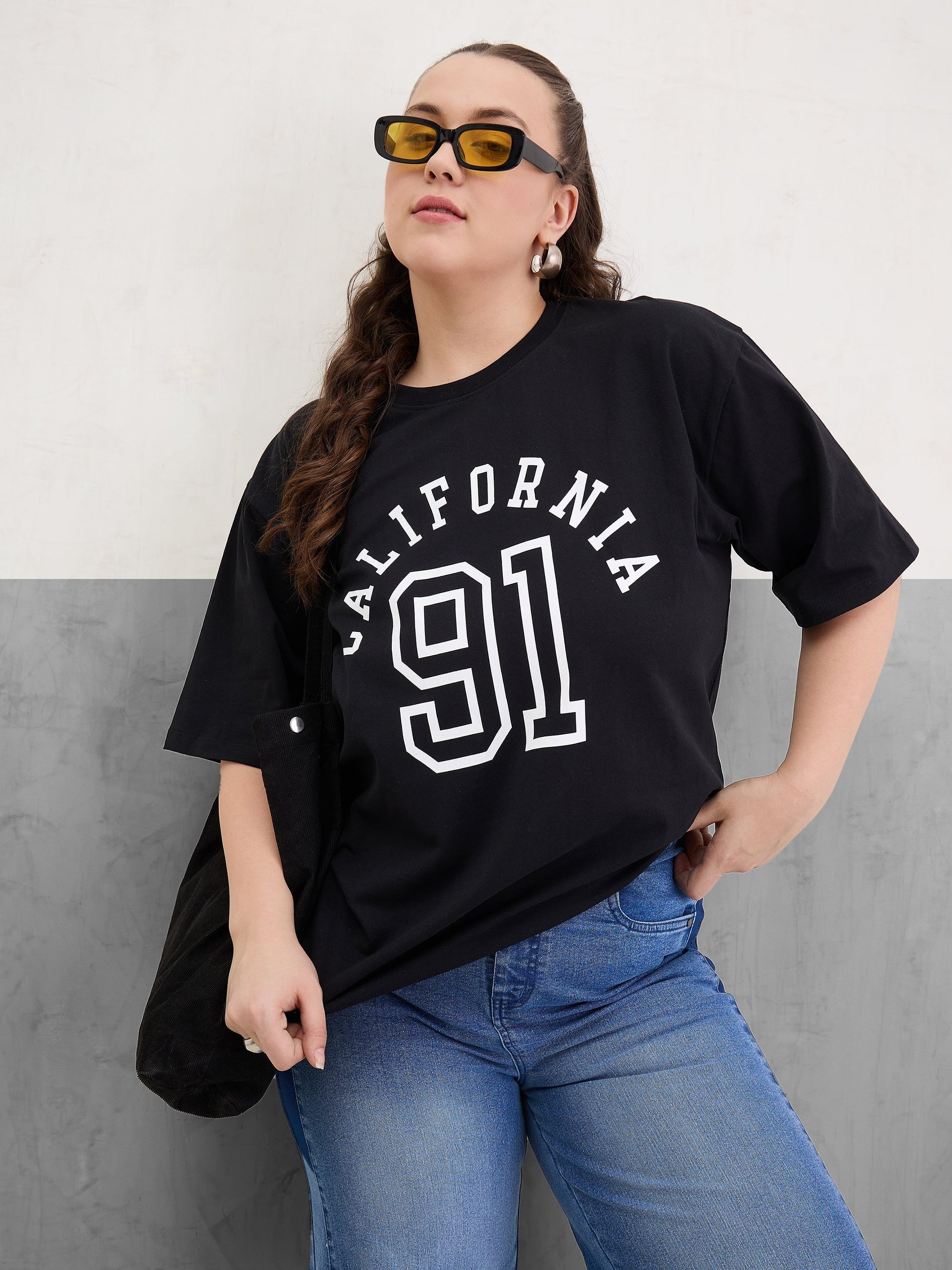 Plus size women's Black 100% Cotton Black Graphic California Print T-Shirt by Sassafras Curve for wholesale buyers, boutiques, resellers and bulk