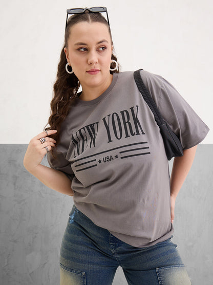 Plus size women's Grey 100% Cotton Grey Graphic New York Print T-Shirt by Sassafras Curve for wholesale buyers, boutiques, resellers and bulk orders