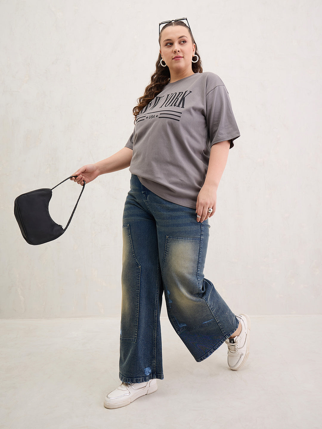 Grey Graphic NEW YORK Print T-Shirt-SASSAFRAS Curve