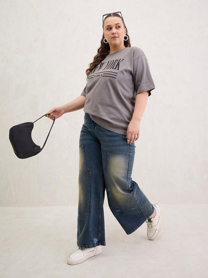 Grey Graphic NEW YORK Print T-Shirt-SASSAFRAS Curve