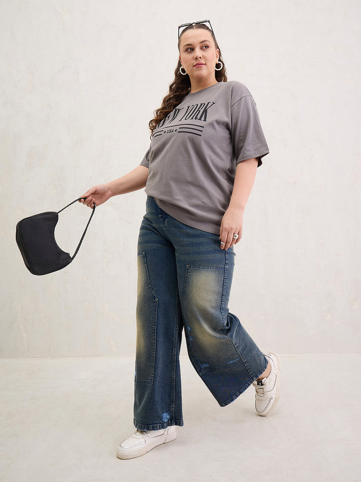 Grey Graphic NEW YORK Print T-Shirt-SASSAFRAS Curve