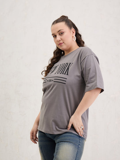 Grey Graphic NEW YORK Print T-Shirt-SASSAFRAS Curve