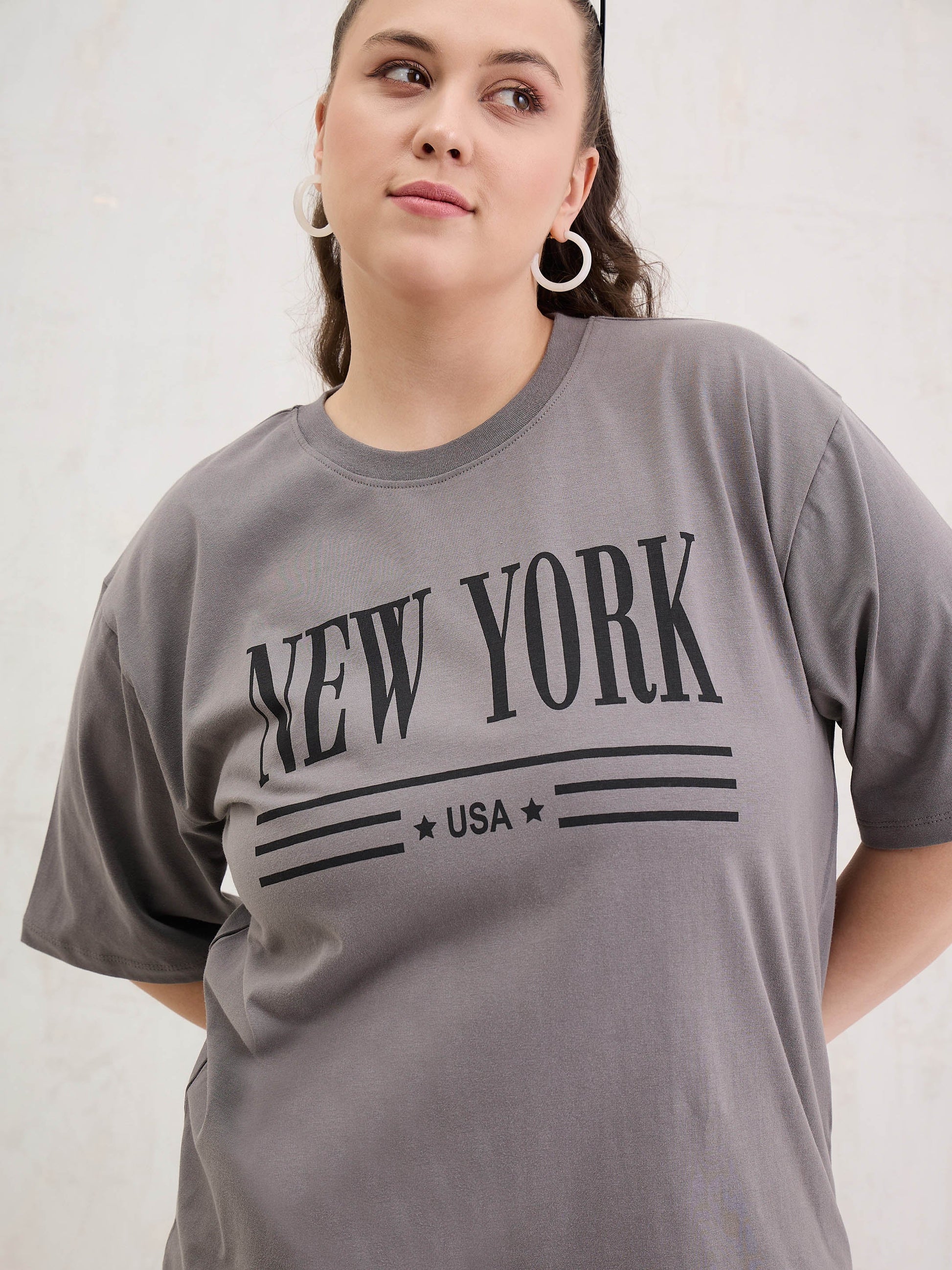 Grey Graphic NEW YORK Print T-Shirt-SASSAFRAS Curve