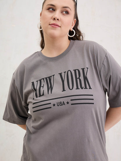 Grey Graphic NEW YORK Print T-Shirt-SASSAFRAS Curve