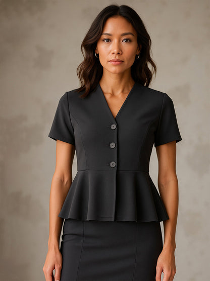 Dark Grey V Neck Half Sleeve Peplum Top