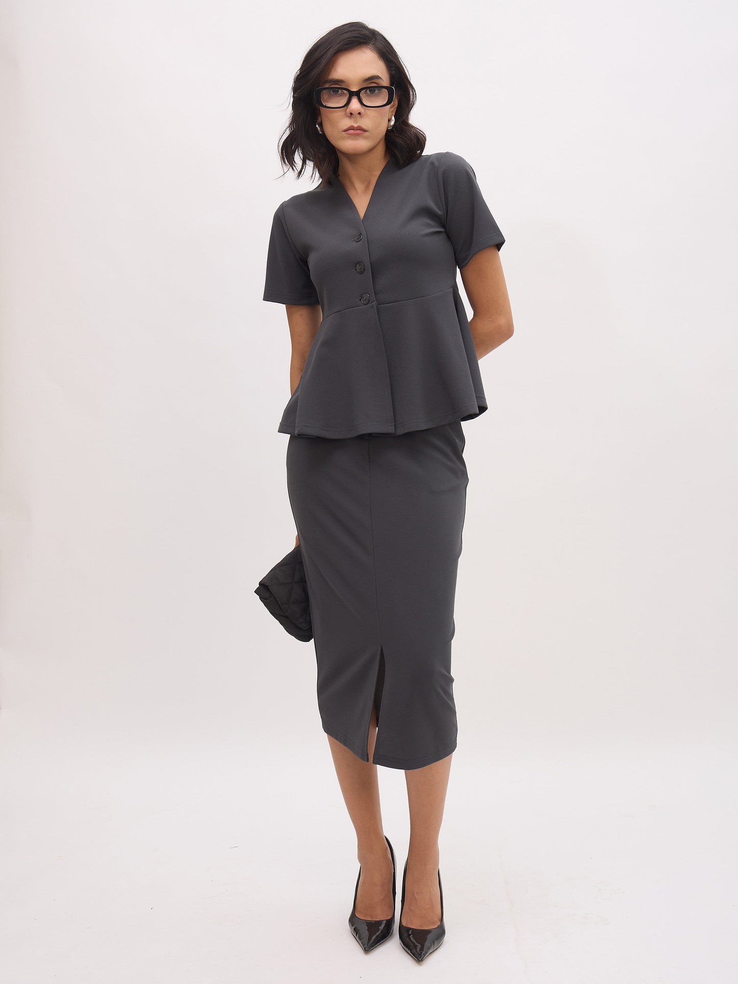 Dark Grey V Neck Half Sleeve Peplum Top