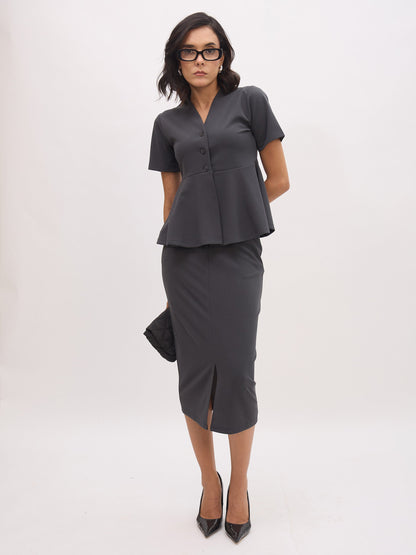 Dark Grey V Neck Half Sleeve Peplum Top