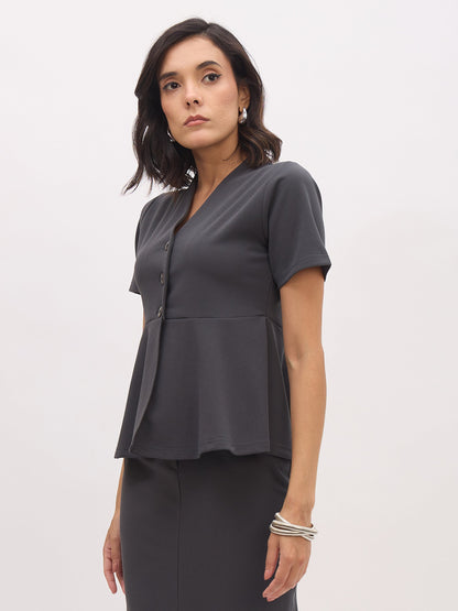 Dark Grey V Neck Half Sleeve Peplum Top