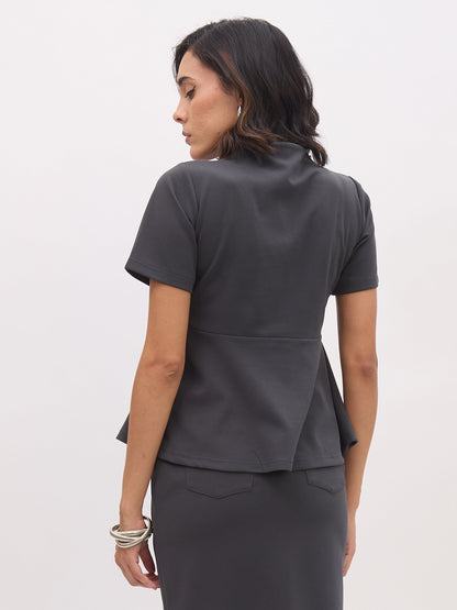 Dark Grey V Neck Half Sleeve Peplum Top
