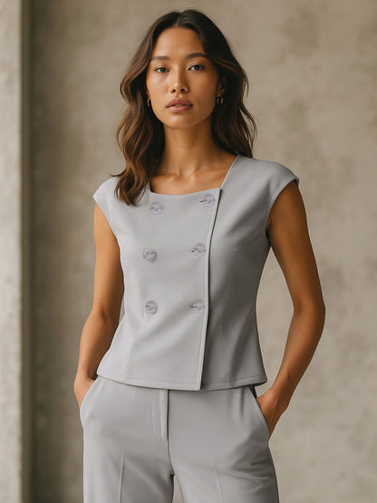 Grey Sleeveless Square Neck Button Top