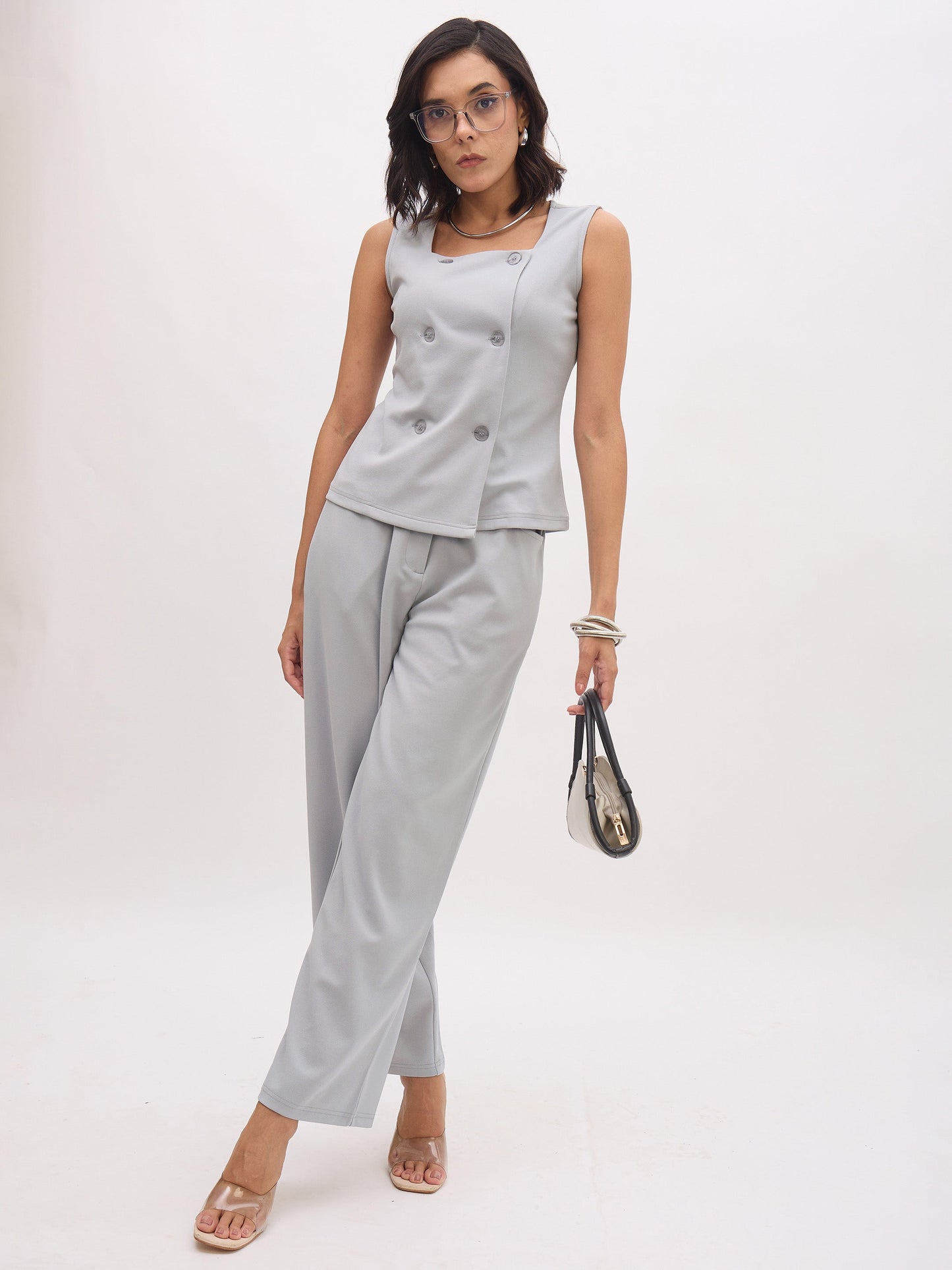 Grey Sleeveless Square Neck Button Top