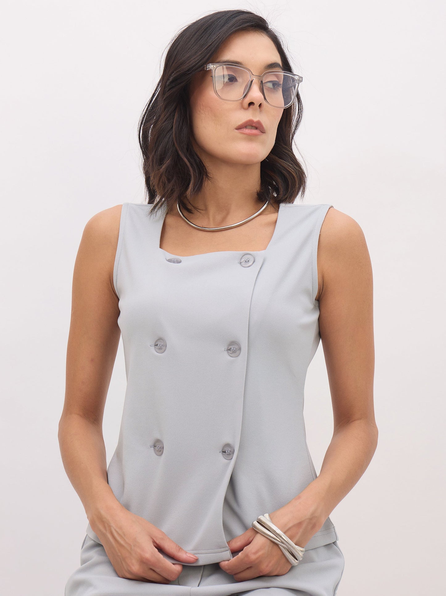 Grey Sleeveless Square Neck Button Top