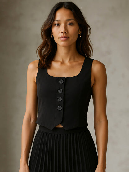 Black Sleeveless Front Button Waistcoat
