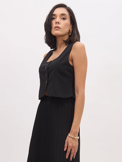 Black Sleeveless Front Button Waistcoat