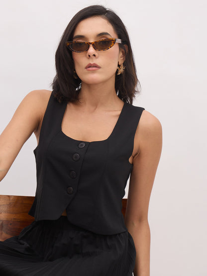 Black Sleeveless Front Button Waistcoat