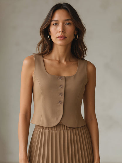 Dark Beige Sleeveless Front Button Waistcoat