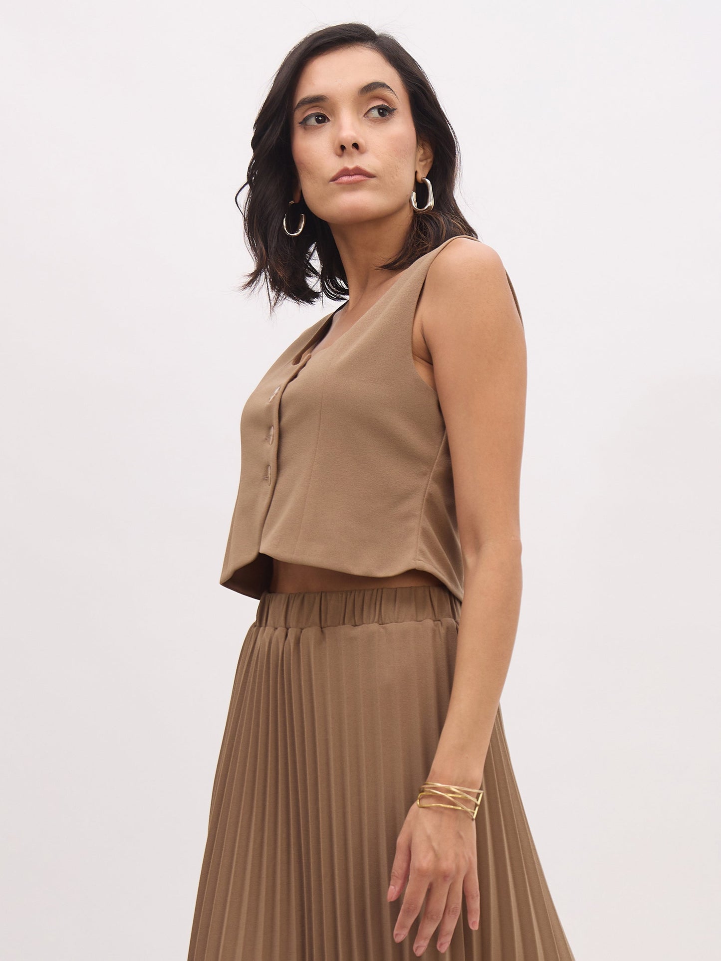 Dark Beige Sleeveless Front Button Waistcoat