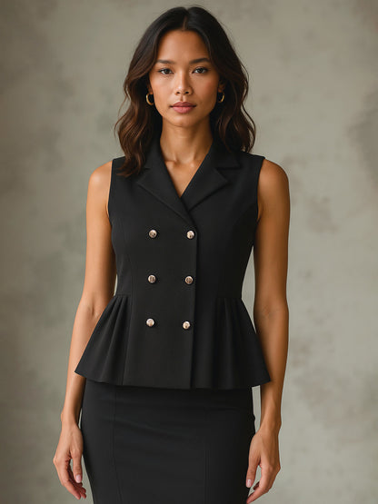 Women Black Sleeveless Notch Collar Button Top