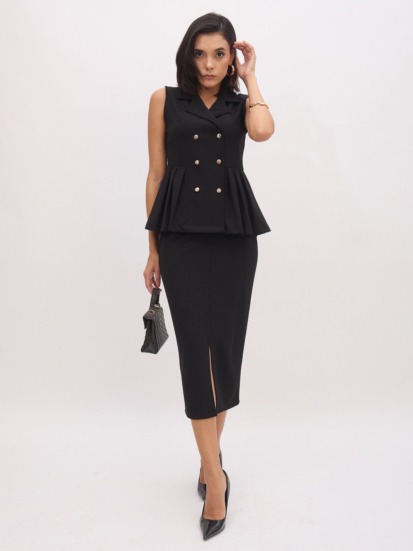 Women Black Sleeveless Notch Collar Button Top