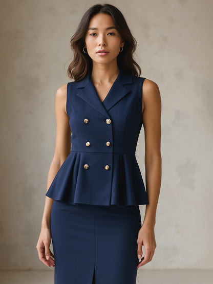 Women Blue Sleeveless Notch Collar Button Top