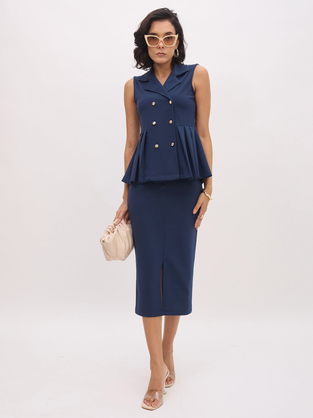 Women Blue Sleeveless Notch Collar Button Top