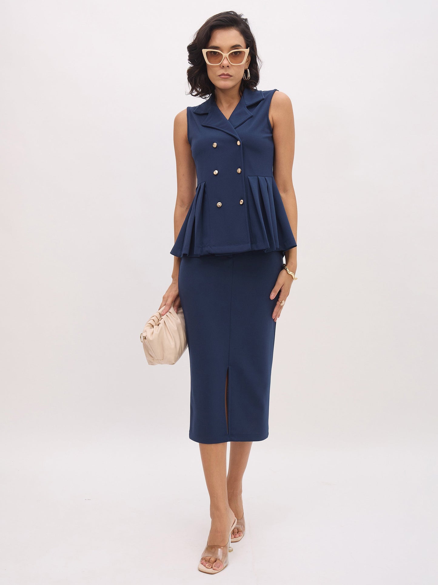 Women Blue Sleeveless Notch Collar Button Top