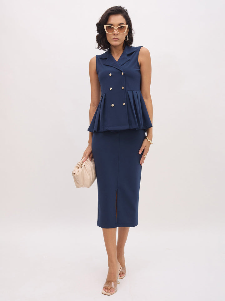 Women Blue Sleeveless Notch Collar Button Top
