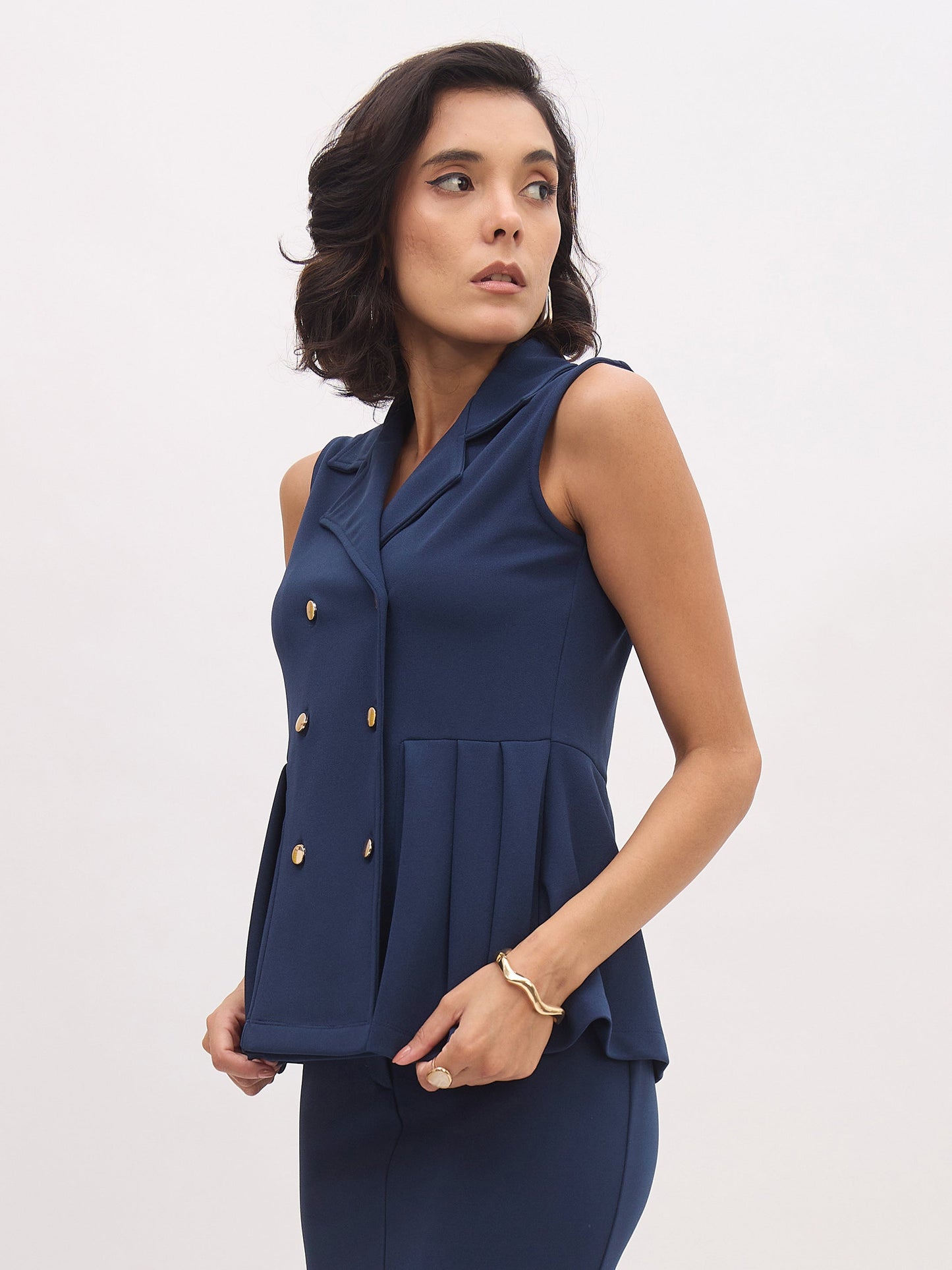 Women Blue Sleeveless Notch Collar Button Top