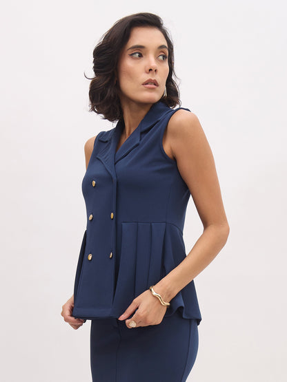 Women Blue Sleeveless Notch Collar Button Top