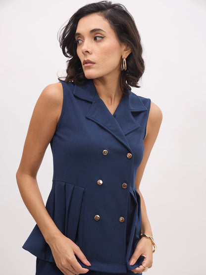 Women Blue Sleeveless Notch Collar Button Top