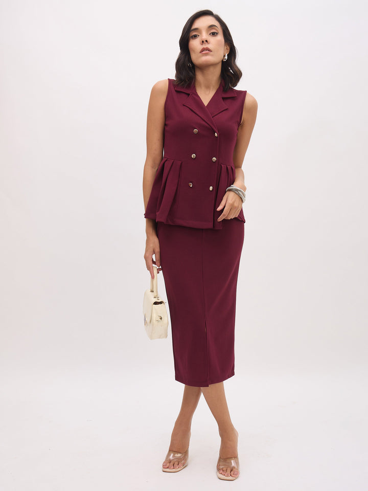 Women Burgundy Sleeveless Notch Collar Button Top